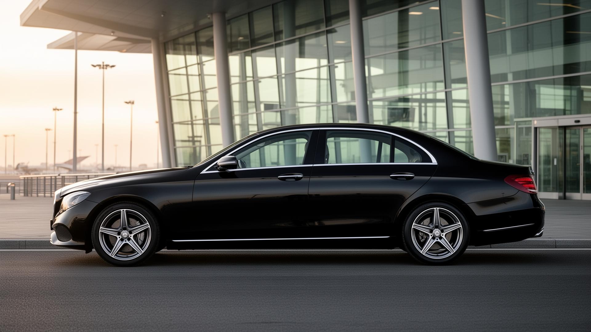 Black executive estate car parked outside a modern airport terminal at sunrise