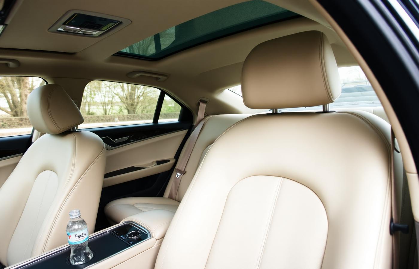Cream leather interior of an executive saloon with bottled water in the centre console
